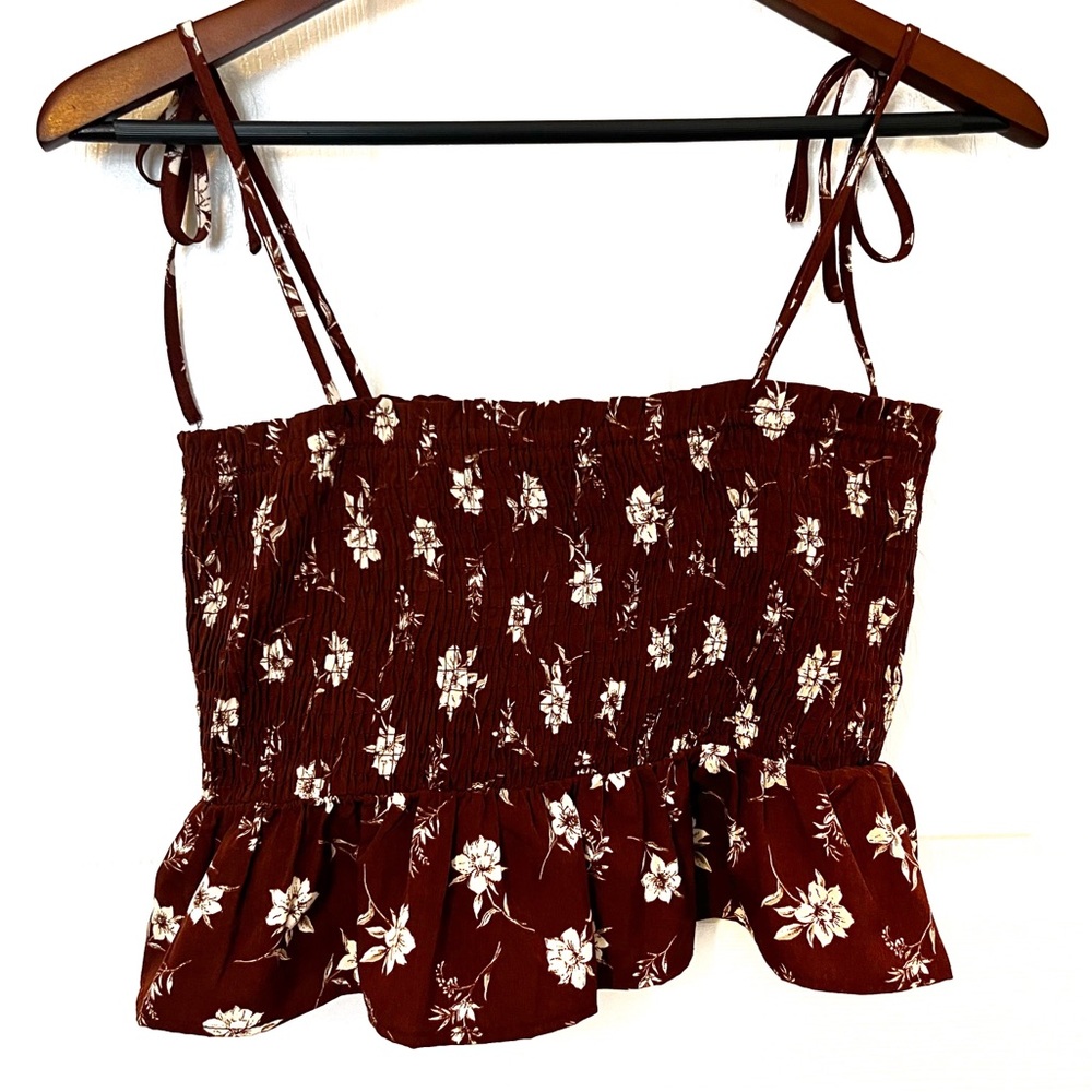 Paper Crane brown floral smocked boho crop top elastic straps festival large - Picture 2 of 8
